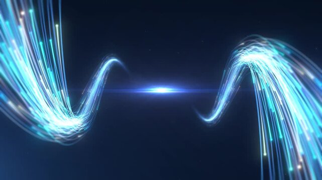 Abstract blue light streaks seamless loop animation, glowing speed light trails with sparkles, futuristic tech flow particle motion background on dark navy backdrop