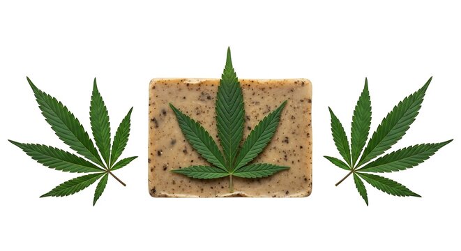 Natural soap logo concept with organic hemp leaf on white background