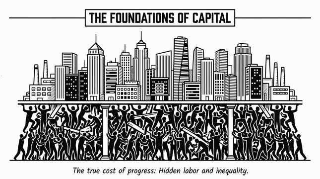 People supporting a city skyline illustration. Concept of labor and social inequality.
