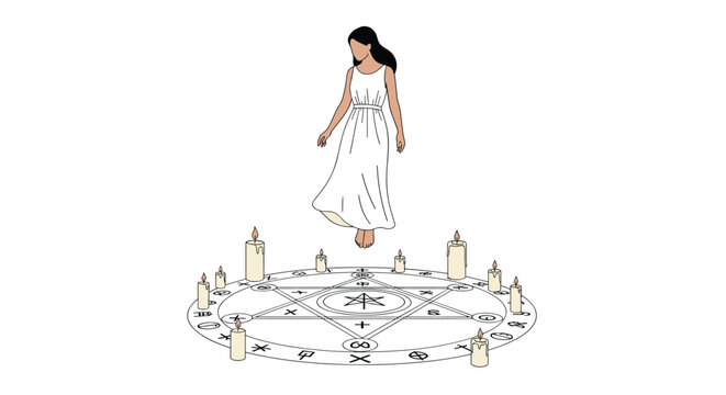 Young woman in a white dress floating in the air above an esoteric magic circle with candles and occult symbols.