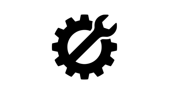 Industrial gear and wrench icon vector, mechanical repair and maintenance symbol, black technical service logo for engineering and construction