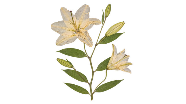 Beautiful pressed white lily plant featuring two delicate blossoms, buds, and lush green leaves for botanical art.