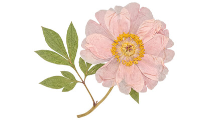 Beautiful pressed pink peony flower with delicate petals and green leaves. © Isla