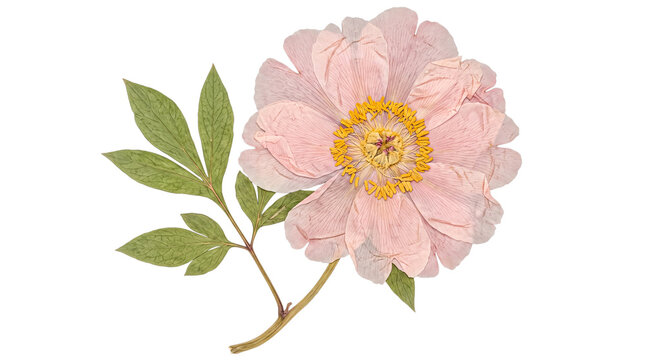 Beautiful pressed pink peony flower with delicate petals and green leaves.