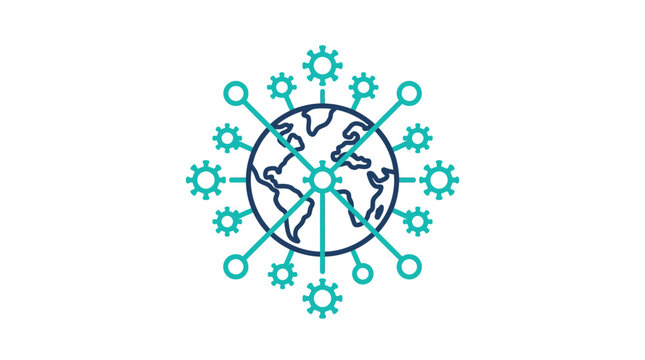 Global healthcare network icon with gear symbols and world map