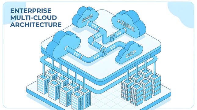 Enterprise multi cloud architecture infographic with server racks and secure interconnected network.