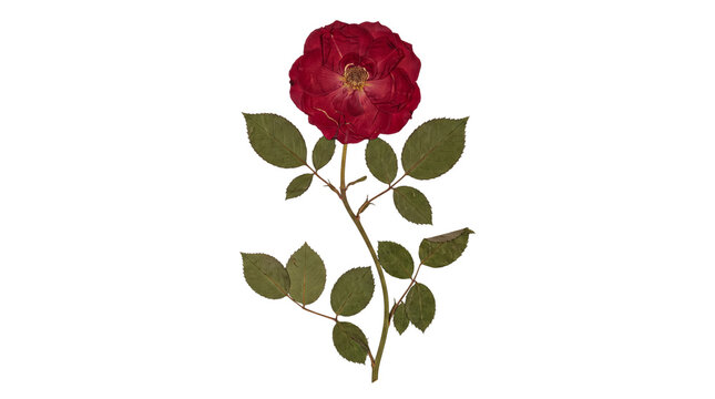 Pressed red rose with a long stem and delicate green leaves, captured as a detailed botanical photograph.