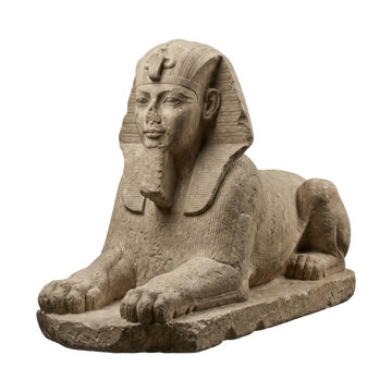 Ancient Egyptian sphinx sculpture isolated on a transparent background with visible stone texture.
