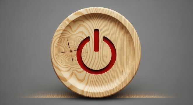Wooden circular power button with red glowing symbol.