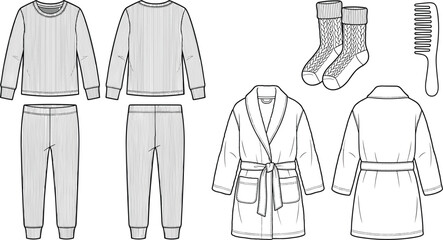 Cozy loungewear set with ribbed pajamas bathrobe socks and comb technical flat sketch
