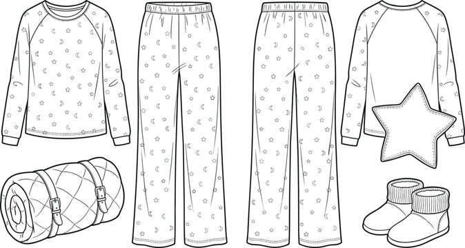 Cozy pajama set with star print sleeping bag pillow and slippers technical flat sketch