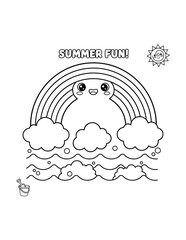 Obraz premium Cute Smiling Rainbow Above Ocean Waves Coloring Page – Printable Black and White Outline Educational Worksheet for Kids