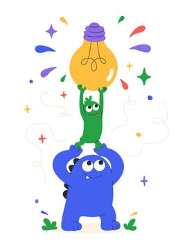 Big blobby idea creative teamwork vector illustration with cute monsters