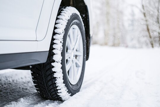 The Car Tire Centered in Snowy Winter Scene by Snow Covered Road