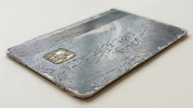 A close-up view of a damaged credit card with scratches and wear