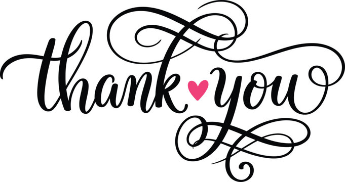 Elegant black calligraphy thank you text with a small pink heart isolated on a white background