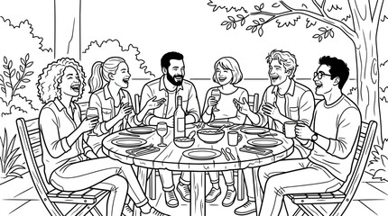 Fototapeta premium Diverse group of happy friends enjoying outdoor dinner and conversation line art