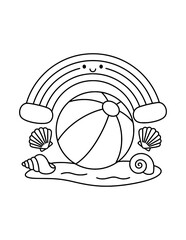 Obraz premium Summer Rainbow Beach Coloring Page – Printable Black and White Outline Educational Worksheet for Kids