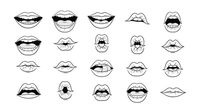 Set of black and white cartoon mouth and lip illustrations showing various smiles kisses and facial expressions.