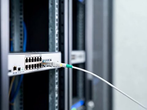 Hand connecting network cable to server