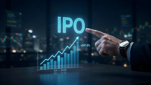 Businessman pointing at a glowing ipo text and a rising stock market graph with a 2478 percent growth indicator, representing financial success and investment opportunities in the stock market