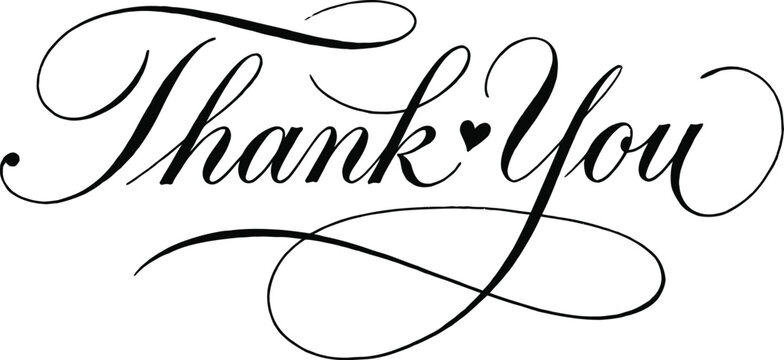Elegant calligraphy thank you text design with decorative swirls and a small heart icon for wedding stationery