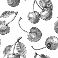 Seamless pattern of cherries with leaves in a vintage engraved style. Botanical fruit illustration for textiles, wrapping paper, packaging, wallpapers, kitchen decor, and branding. © KOSIM