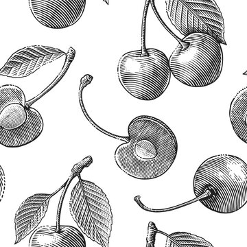 Seamless pattern of cherries with leaves in a vintage engraved style. Botanical fruit illustration for textiles, wrapping paper, packaging, wallpapers, kitchen decor, and branding.