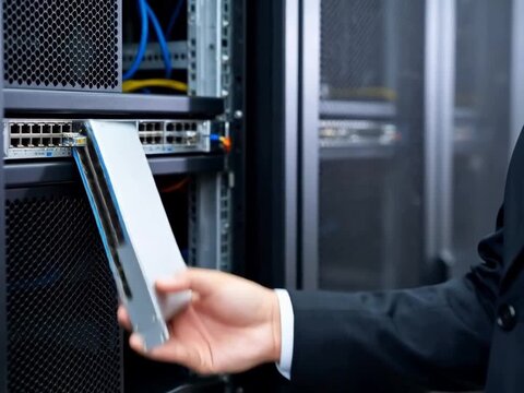 Person installing network switch in server rack