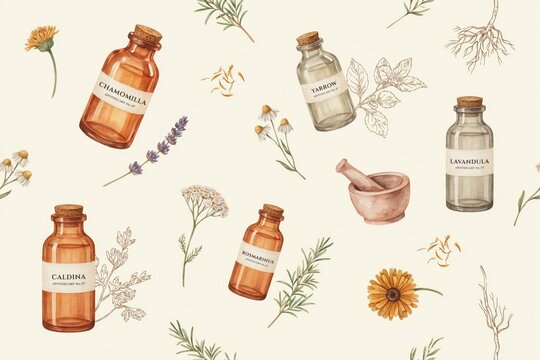 Seamless pattern with apothecary glass bottles, labels, mortar and pestle, lavender, chamomile, and various herbs on a light cream background
