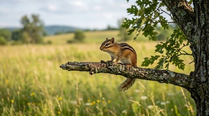 Fototapeta premium Eastern chipmunk perched on a branch overlooking a grassy field