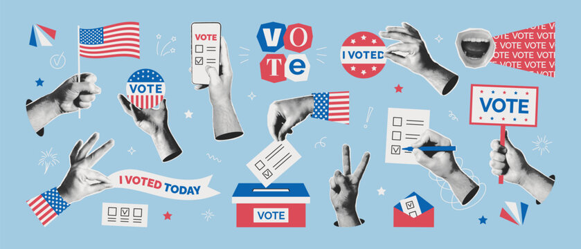 Trendy USA election collage elements set. Vintage Halftone hands call to voting, put paper with checkmarks in ballots box. Democratic decision, candidate selection. Online mail vote day.