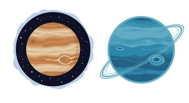 Educational illustration of two giant planets representing Jupiter and Saturn with rings in outer space background.