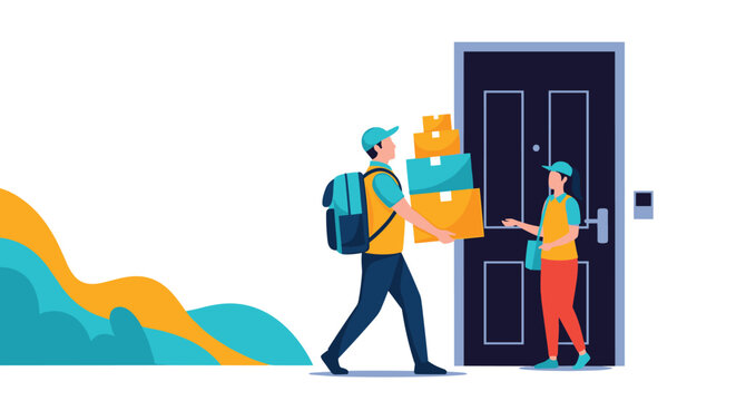 Courier carrying a tall stack of cardboard boxes to a female customer standing at the open door of her apartment.