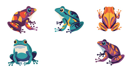 Fototapeta premium Set of five colorful tropical poison dart frogs with vibrant patterns, shown in different angles on a white background.