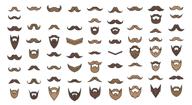 Comprehensive collection of diverse mustache and beard styles for men, shown in various shapes, sizes, and brown shades.