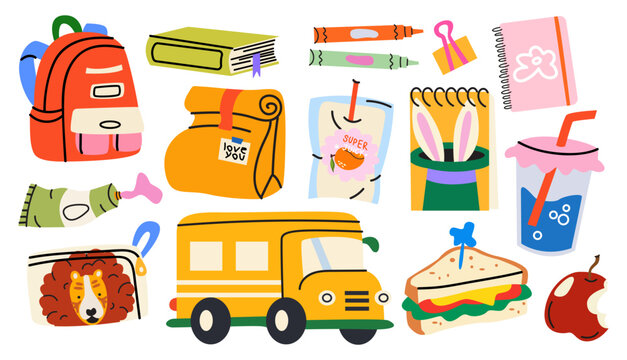 Back to school educational elements set with schoolbag, books, notebook, lunchbox, sandwich, snacks and stationery in cartoon retro style. Vector educational stickers collection