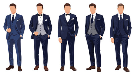 Obraz premium Stylish men wearing formal navy blue three-piece suits and tuxedos with bow ties, shown in flat vector design.