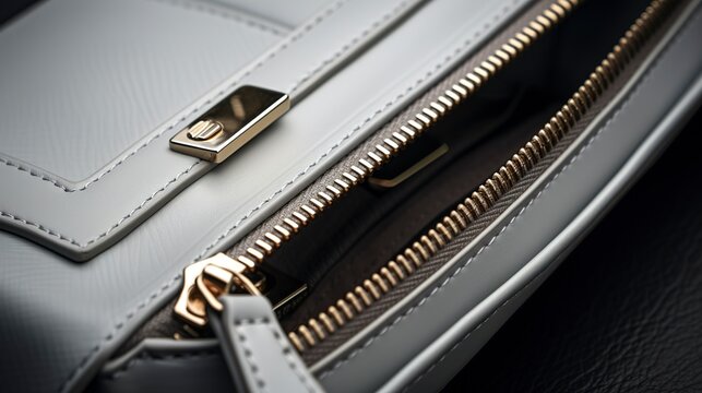A photo of a grey purse with a zippered