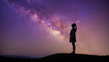 Obraz premium 天の川を見上げる人物のシルエットと幻想的な星空