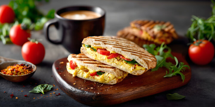 Creative food template. Grilled Panini ciabatta sandwich bread with tomato scrambled egg, spinach herbs, chili flakes and coffee on wooden serving board, dark table  copy text space. long banner