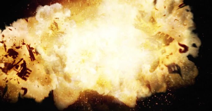 Fiery explosion bursting outward with sparks on black background. 4K VFX Stock Footage Element.