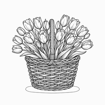 Tulips in wicker basket for decor