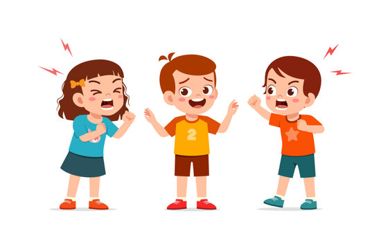 Three angry children boy and girl arguing and shouting at each other with sad expression in middle