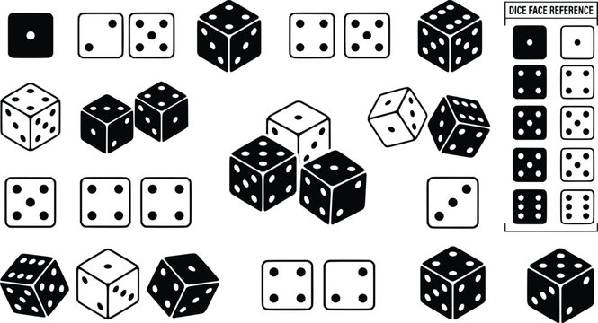 Black and white dice icons set, flat vector gambling cubes with dice face reference, minimalist gaming elements for board games and casino design