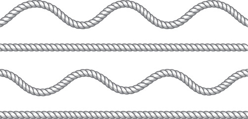 Nautical rope border set with wavy and straight lines, grey twisted cord pattern brushes, marine hemp string vector elements for maritime design © Creative Wings