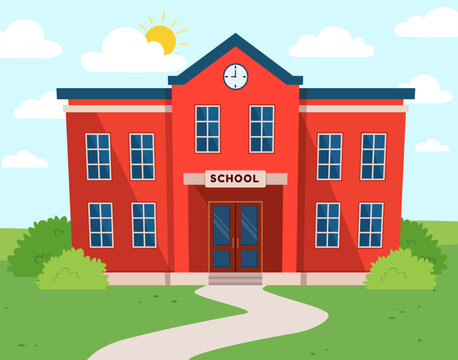 Red School Building with Clock and Pathway on Sunny Day Flat Illustration Style