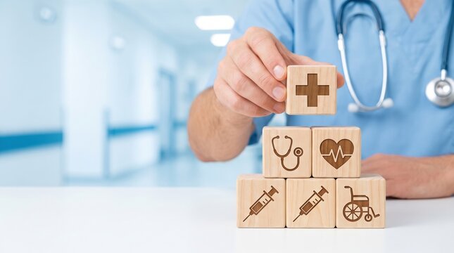 Healthcare worker in blue uniform with stethoscope stacking wooden blocks with medical icons: cross, stethoscope, heart pulse, syringe, wheelchair, on table in clinic
