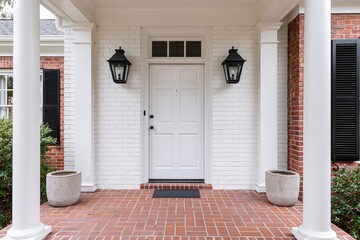 Obraz premium The White Brick Front Porch Entrance with Lantern Lights and Red Tile Floor