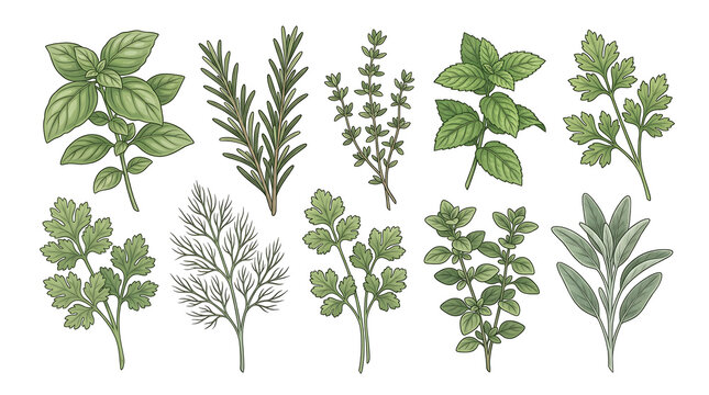 Collection of Fresh Green Herb Leaves on White Background.